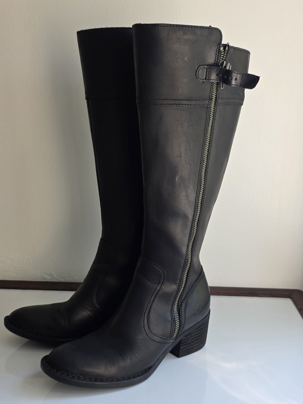 Born Black Leather Knee-High Heeled Boots with Side Zip